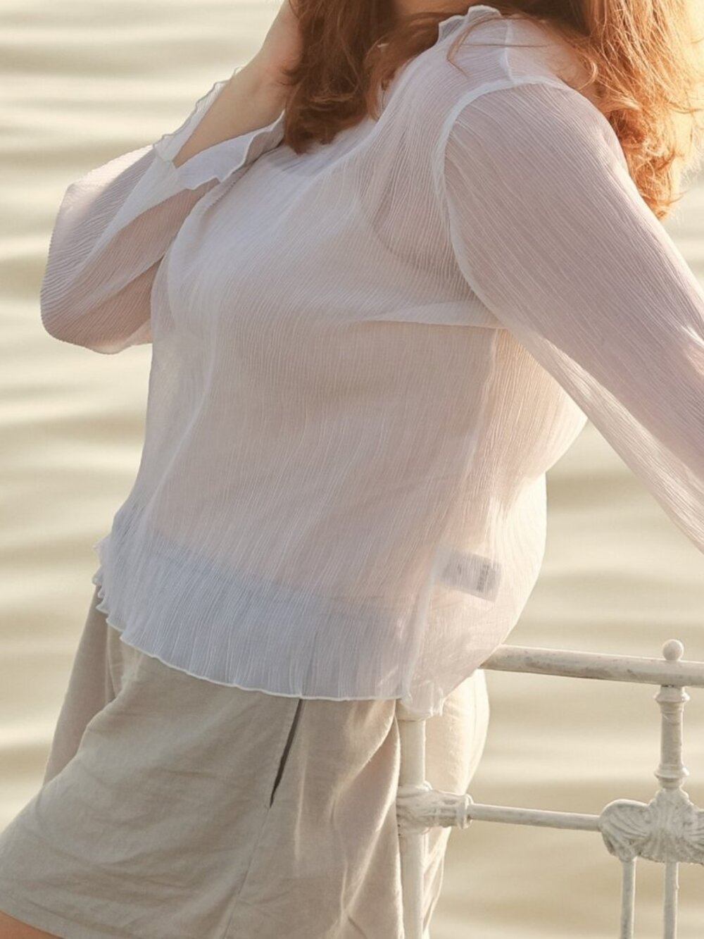 XL Women's white, semi-sheer, long-sleeved ribbed top with lettuce-edge